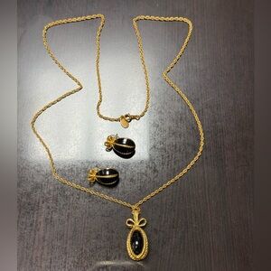 Vintage Joan Rivers Simulated Black Onyx Gold EGG 28" Rope NecKlace & Earrings